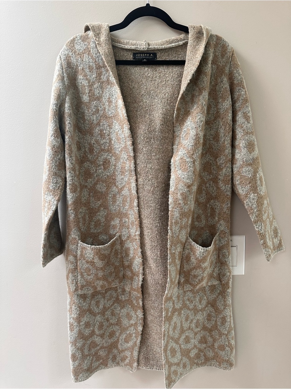 Joseph A. Hooded Open Cardigan in Beige and Cream Leopard Pattern